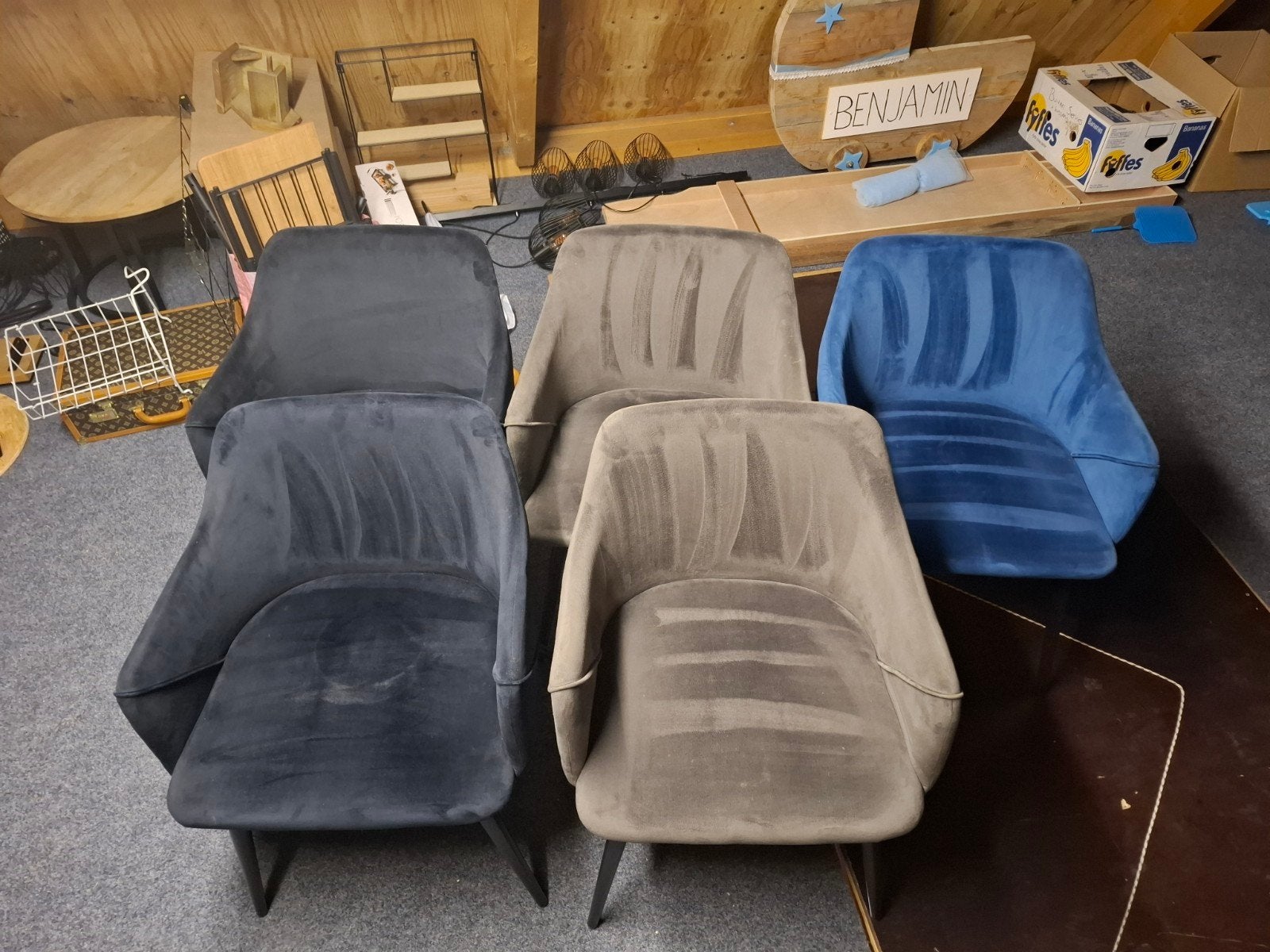 5 Kick velvet eetkamerstoelen (zwart, grijs, blauw), Ophalen, Gebruikt, Zwart, Stof