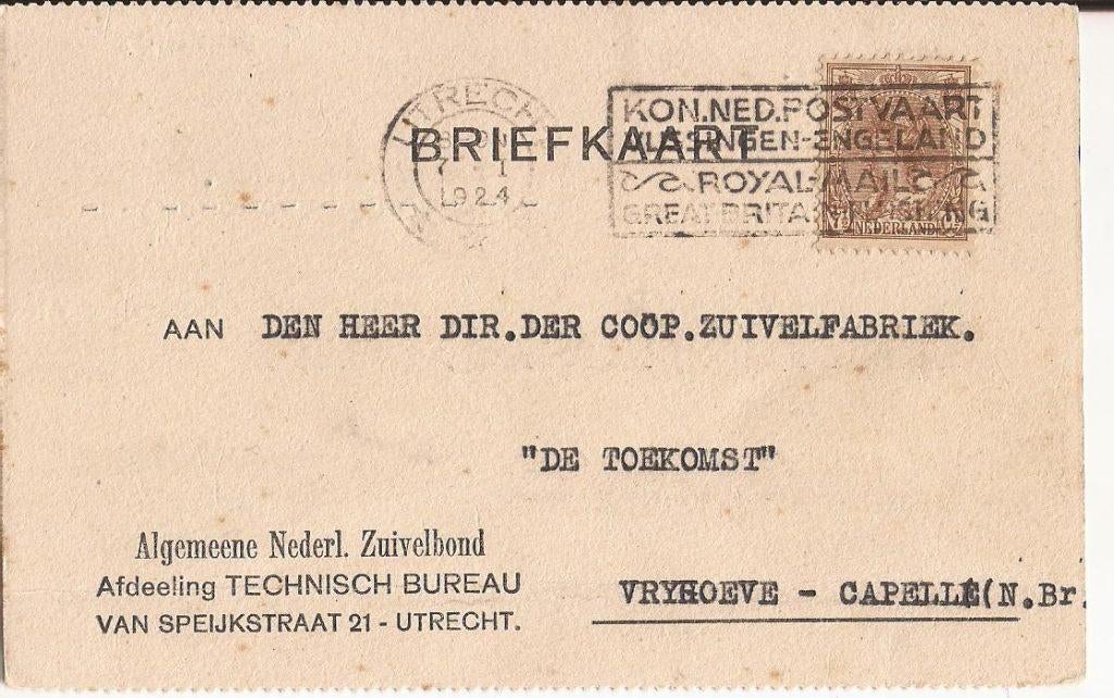 UTRECHT 1924 Alg. Nederl Zuivelbond Van Speijkstr. 21, Ophalen of Verzenden, 1920 tot 1940, Gelopen, Utrecht