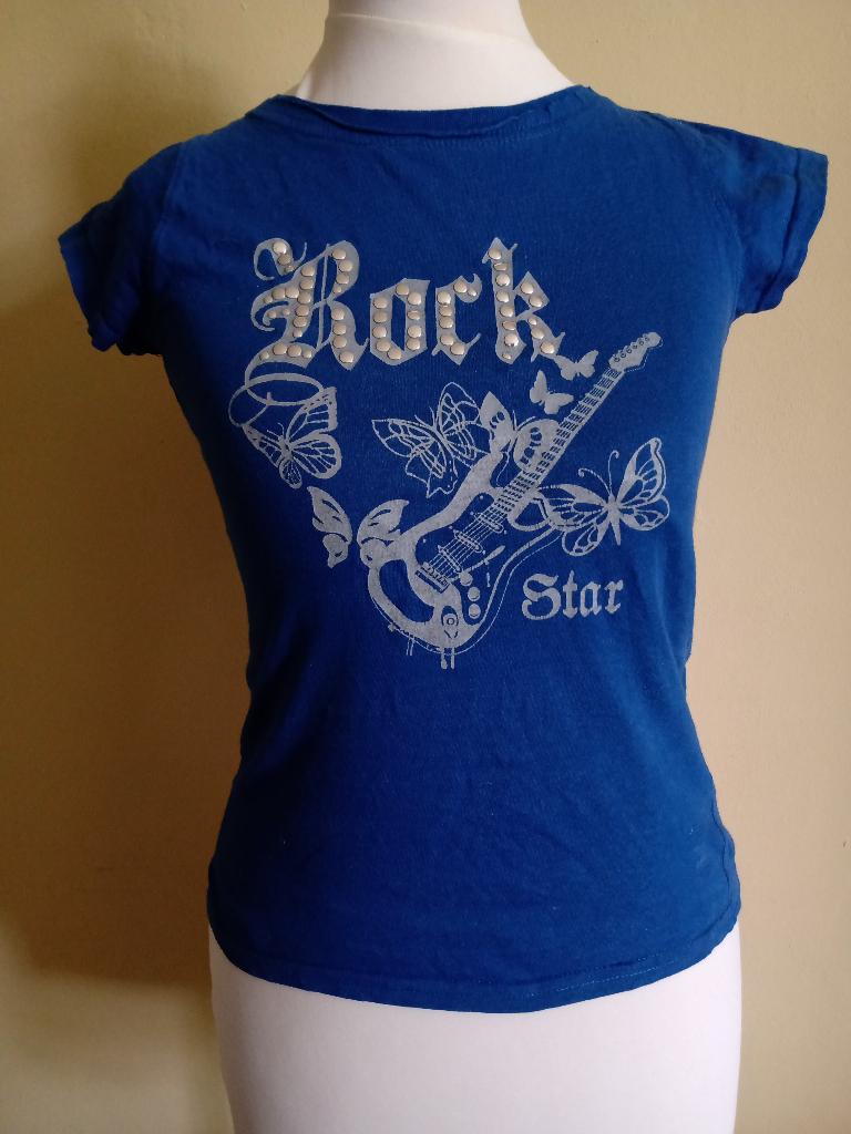 Blauwe Rock Star T-Shirt met Faux Studs, Gitaar en Vlinders, Blauw, Ophalen of Verzenden, Korte mouw, Forever 18