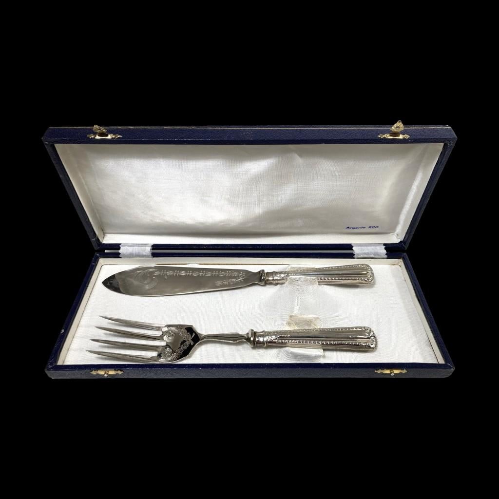 Argento 800 vis serveer bestek - Parelrand - In etui, Ophalen of Verzenden