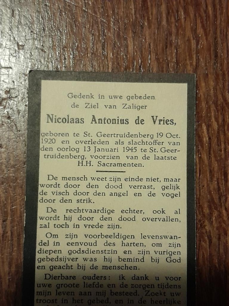 Bidprent Geertruidenberg oorlogsgeweld De Vries 1945, Ophalen of Verzenden, Nederland, Foto of Poster