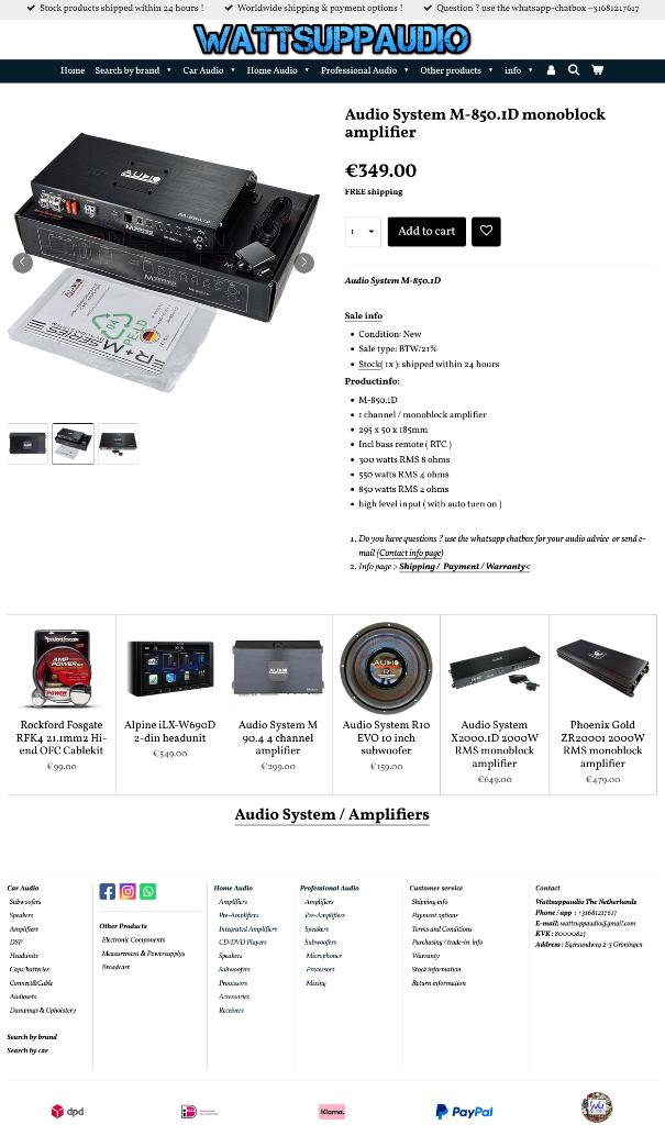 Audio System M-850.1D monoblok versterker, Info@optimount.nl, Nieuw, Ophalen of Verzenden, Anholtseweg 48A 7091 HB DINXPERLO