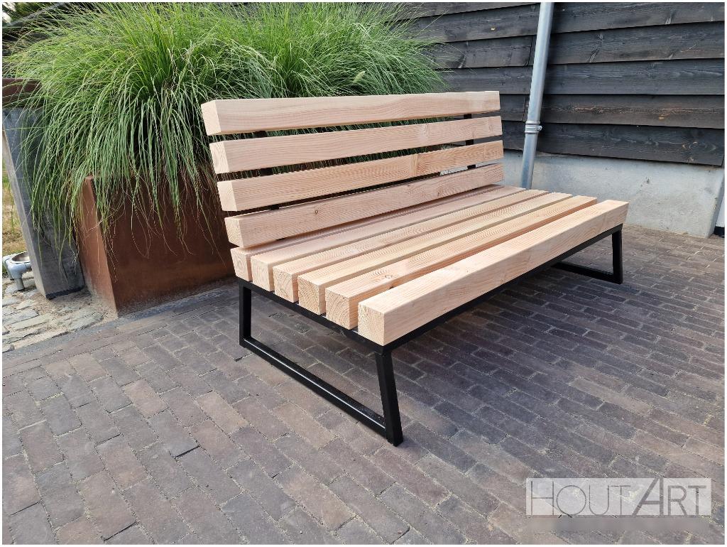 Loungebank Massive staal met douglas balken, Hardhout, Bank, 3 zitplaatsen, Info@hout-art.nl