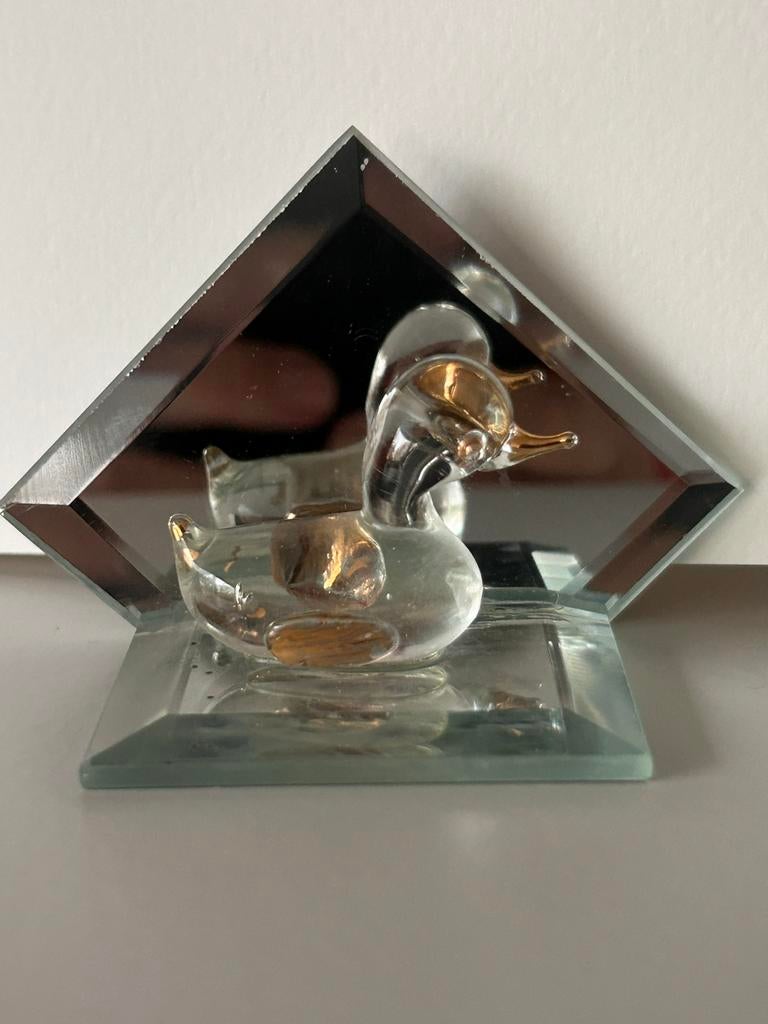 Eendje van glas op spiegeltje, Antiek en Kunst, Ophalen of Verzenden