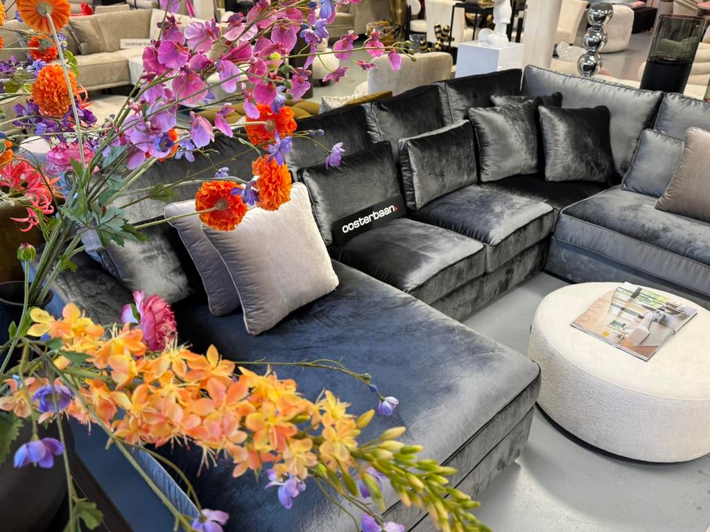 Luxe Velvet U-bank Pocket 170x350x220cm Grijs Grey NIEUW, Info@oosterbaanwonen.nl, Venus 31 8448CE Heerenveen, Hoekbank, Oosterbaan Wonen