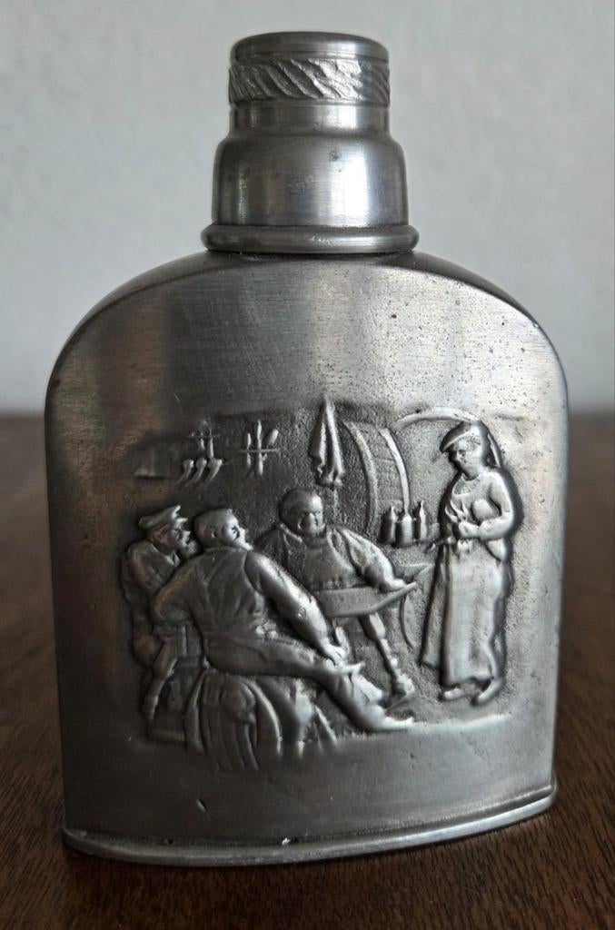 Antiek tinnen heupfles, Ophalen of Verzenden
