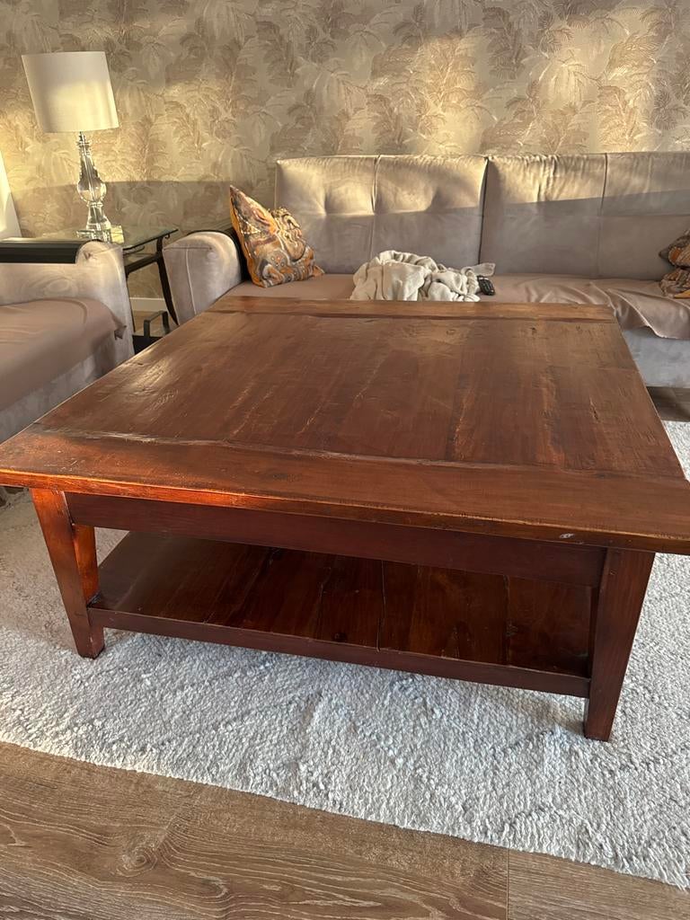 Vierkante Teakhouten Salontafel 120x120, Ophalen, Gebruikt, 100 tot 150 cm, Minder dan 50 cm