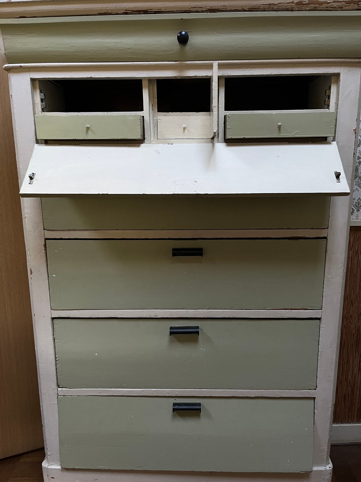 Vintage ladenkast met verborgen vakjes en laatjes wit groen, Huis en Inrichting, Ophalen, Gebruikt, 5 laden of meer, 150 tot 200 cm