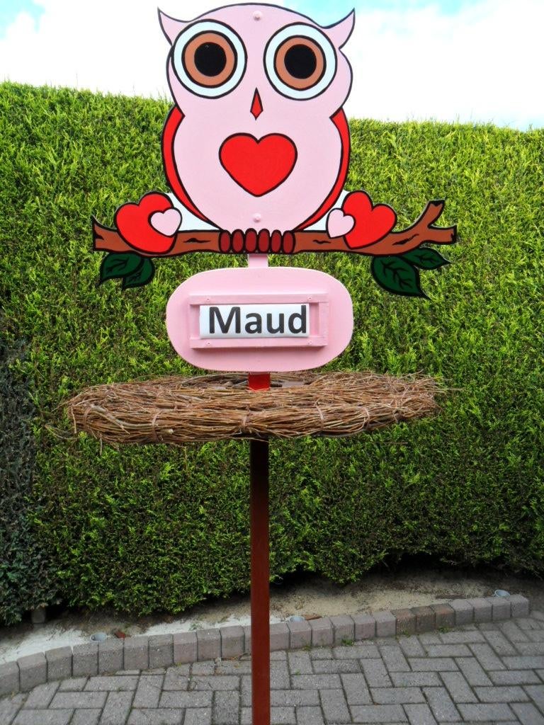 Geboorte geboorteborden geboortebord roze uil op nest., Kinderen en Baby's, Kraamcadeaus en Geboorteborden, Nieuw, Geboortebord