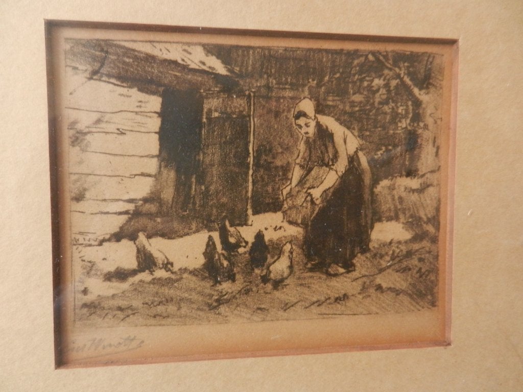 Ets / mezzotint Kippen voerende boerin Chris van der Windt, Gesigneerd, Dagelijks leven, Ets, 9 cm