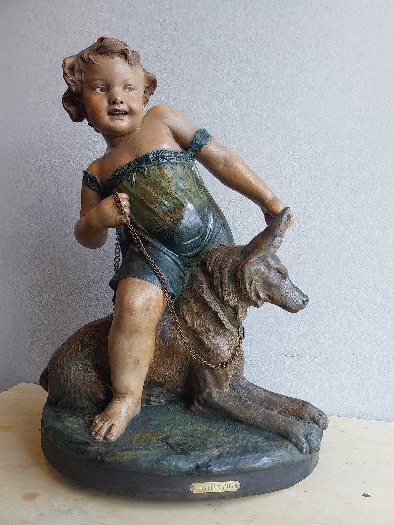 Groot Frans Art Deco beeld Les Deux Amis kind met hond 55 cm, Ophalen, Overige onderwerpen, Art deco, Gips