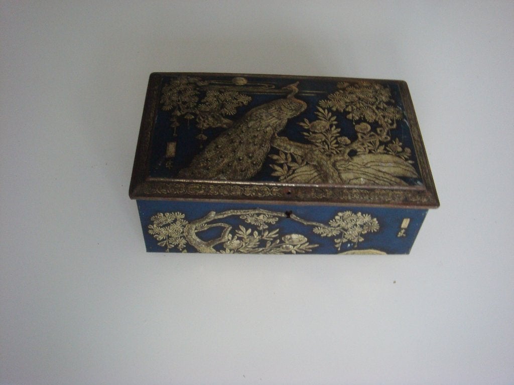 antiek blik met damascene afbeeldingen, Verzamelen, Blikken, Gebruikt, Overige, Ophalen of Verzenden