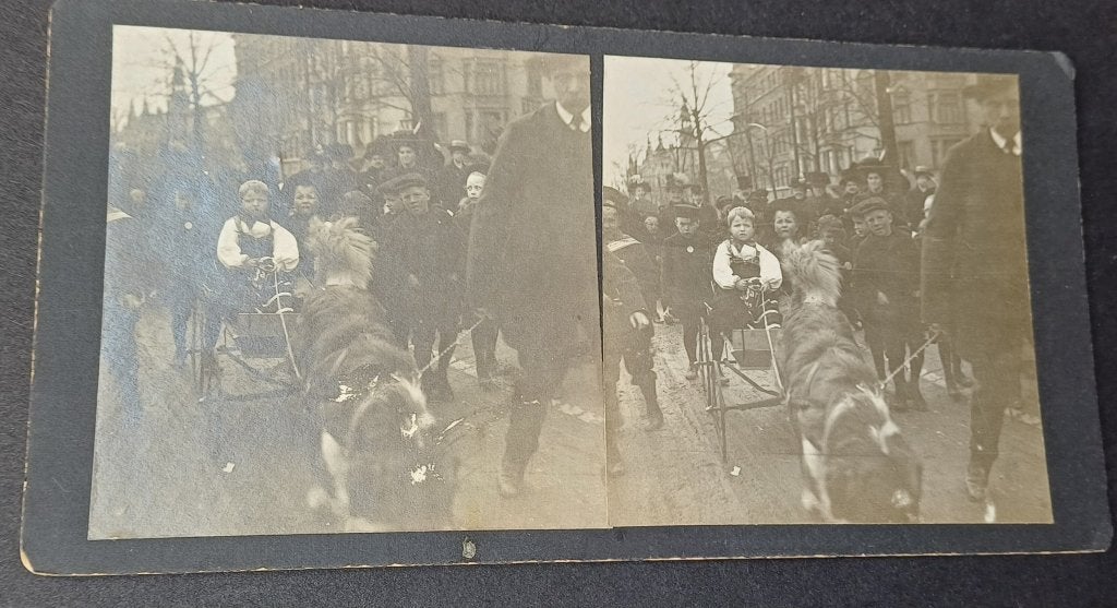 Stereofoto kinderen en hondenkar, ca. 1900, Gebruikt, Foto, Ophalen of Verzenden, Voor 1940