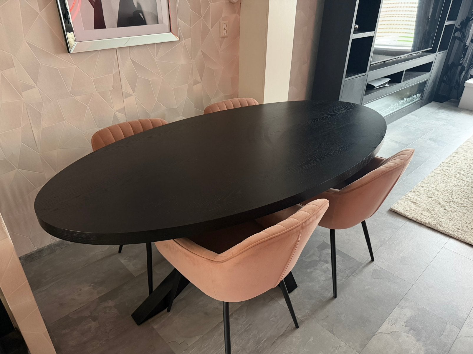 Mooie/nette (mat) zwarte ovale eettafel, Ophalen, 100 tot 150 cm, 200 cm of meer, Zo goed als nieuw
