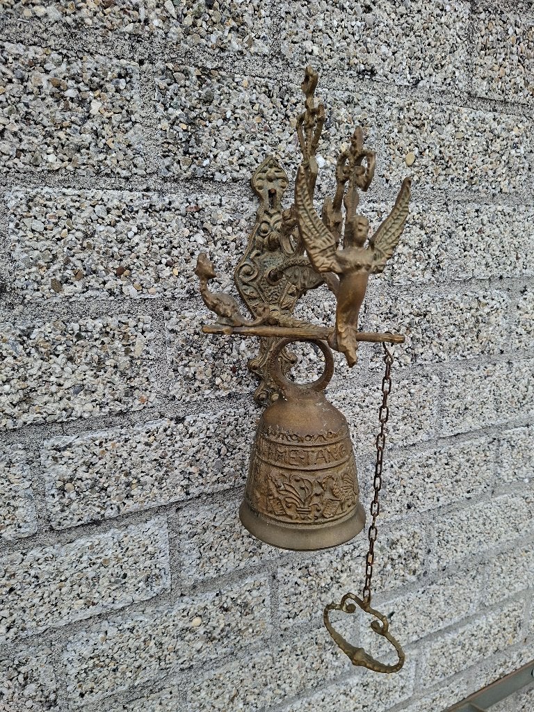 Antieke koperen bel met engel. Deze prachtige bel is een ech, Ophalen of Verzenden, Brons