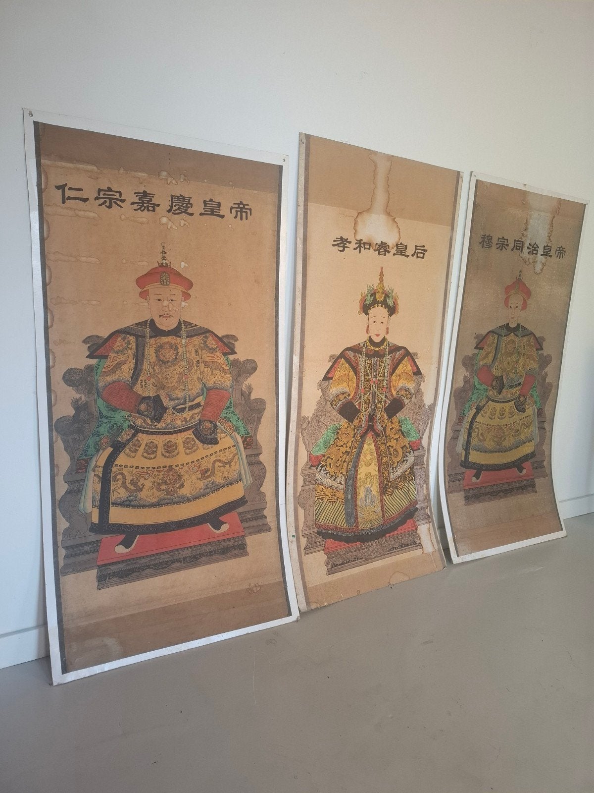 Prachtige Set van 3 Antieke Chinese Hangrollen Qing-Dynasty, Antiek en Kunst, Ophalen of Verzenden