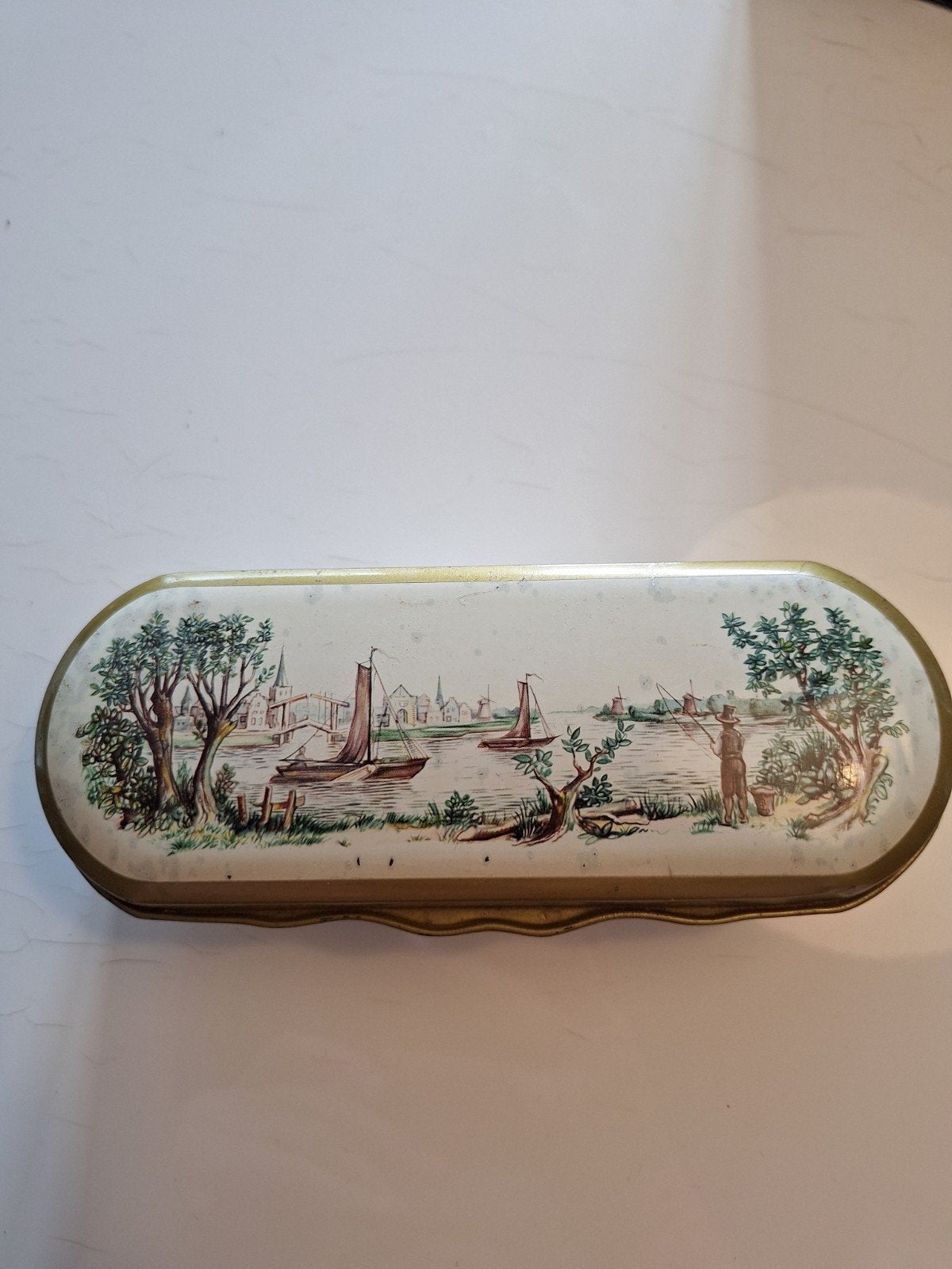 Vintage blik lepeldoosje met Hollands landschap, Ophalen of Verzenden