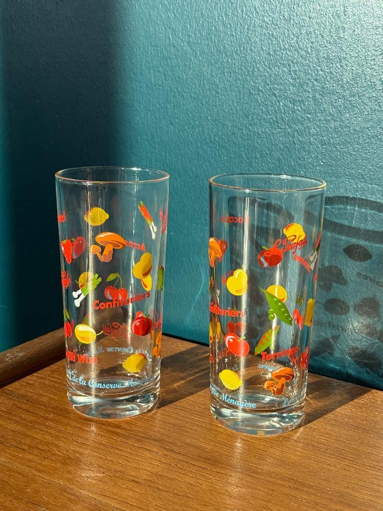 2x vintage Franse drinkglazen, Le Parfait, fruitpatroon, Ophalen of Verzenden