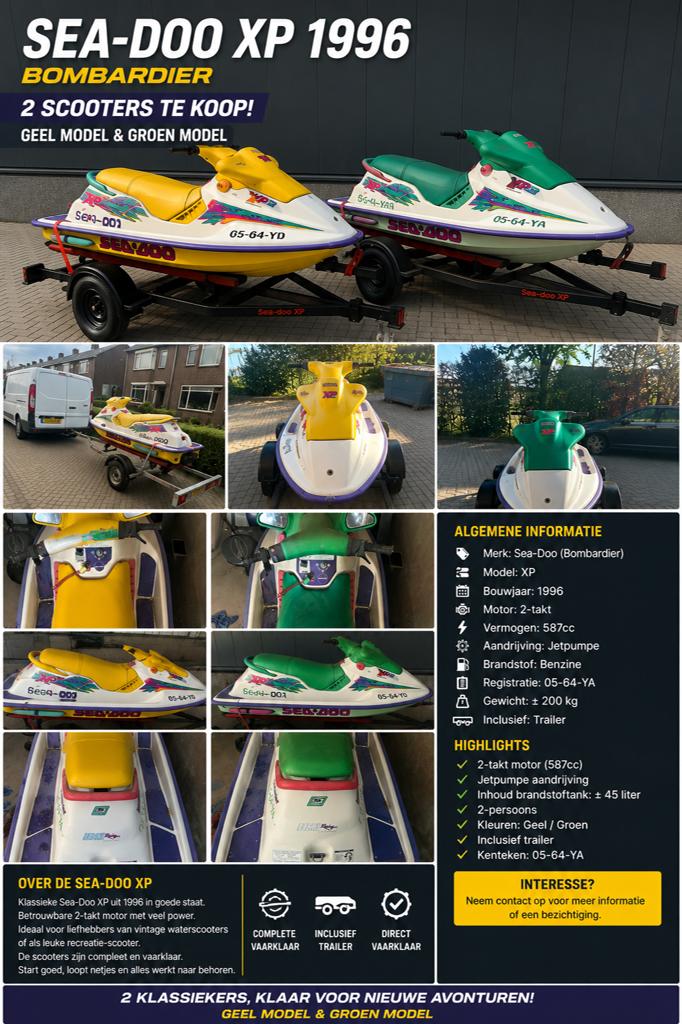 2x Sea-Doo XP 1996 – Klassieke 2-takt waterscooters!, Ophalen of Verzenden, Gebruikt, Benzine, 70 tot 120 pk