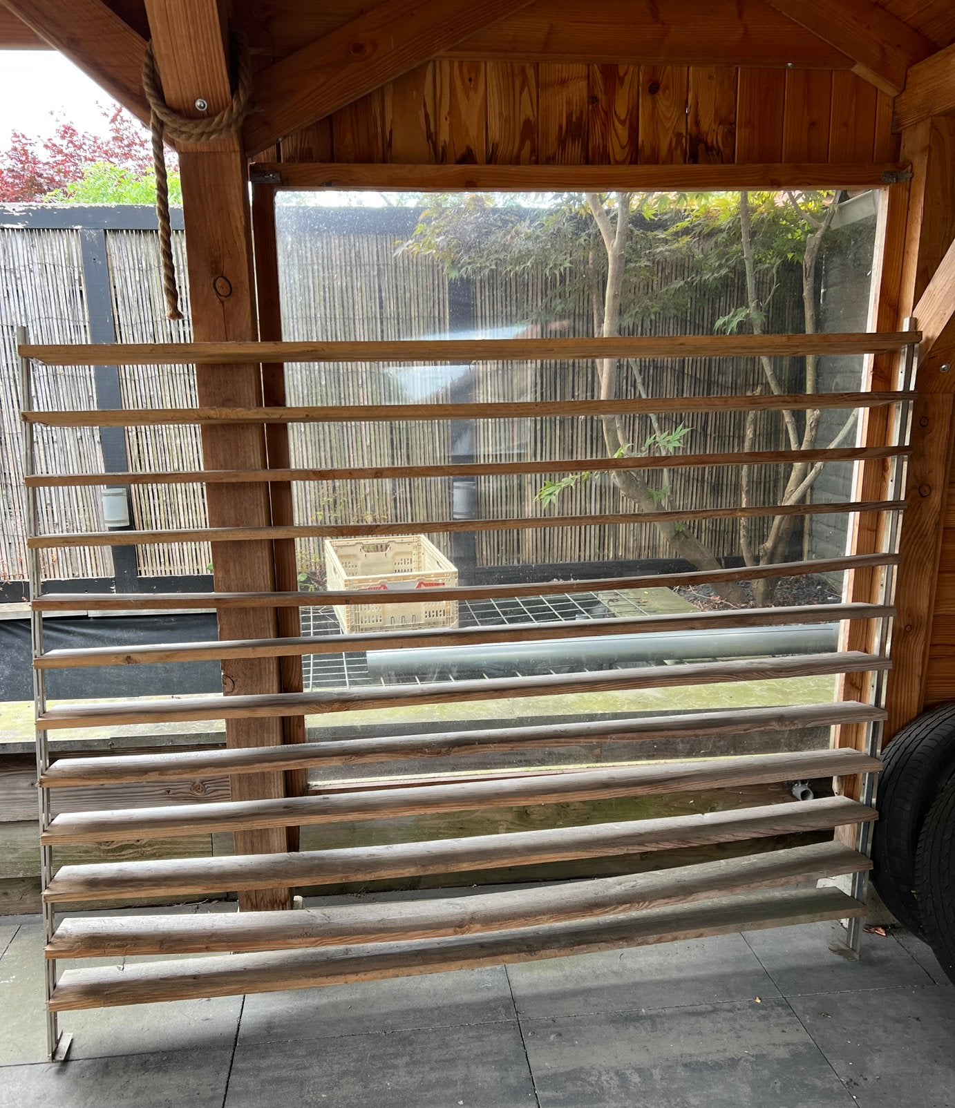 Draaibare lamellen schutting (Flex Fence) RVS systeem + hout, Ophalen, Gebruikt, IJzer, Overige typen