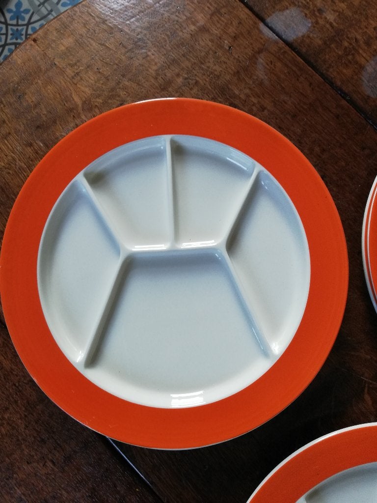 6 stuks grote vintage fondueborden 25 cm oranje rand, Ophalen of Verzenden, Zo goed als nieuw, Bord(en), Overige stijlen