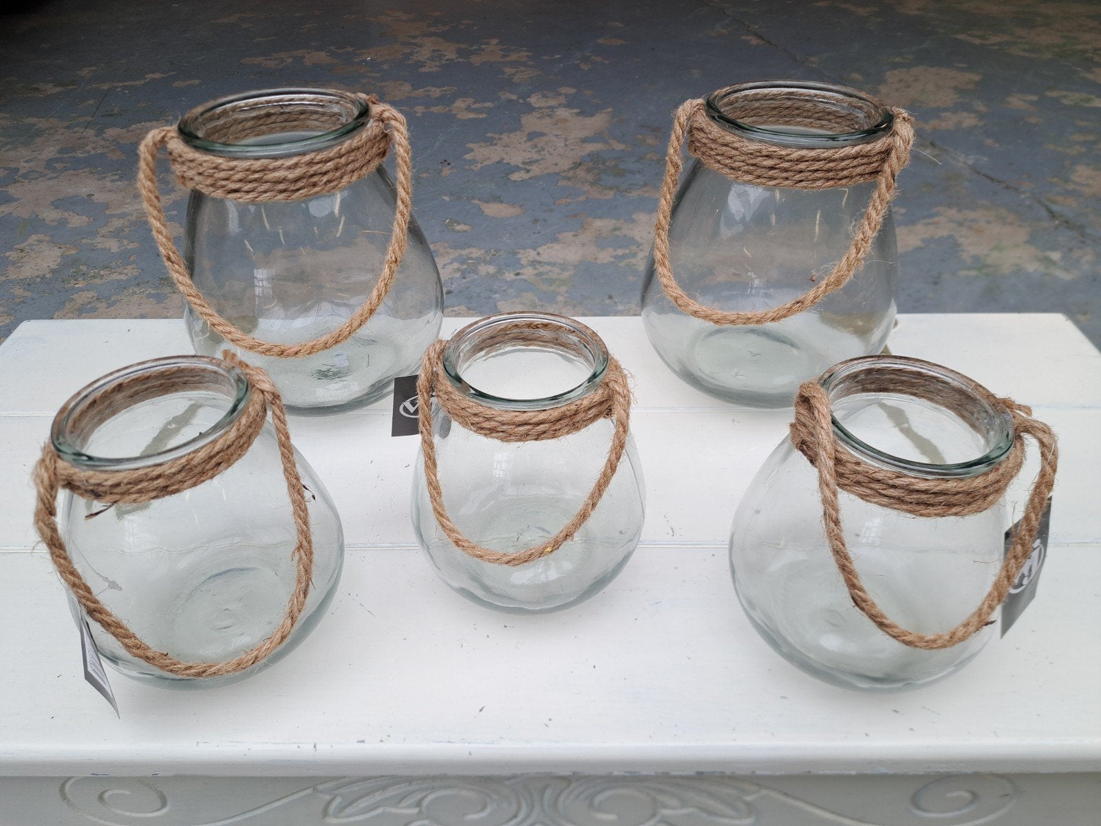 Waxinelichthouder Lantaarn NIEUW Vaas Glas Vazen Pot Touw, Overige materialen, Rond, Nieuw, Ophalen of Verzenden