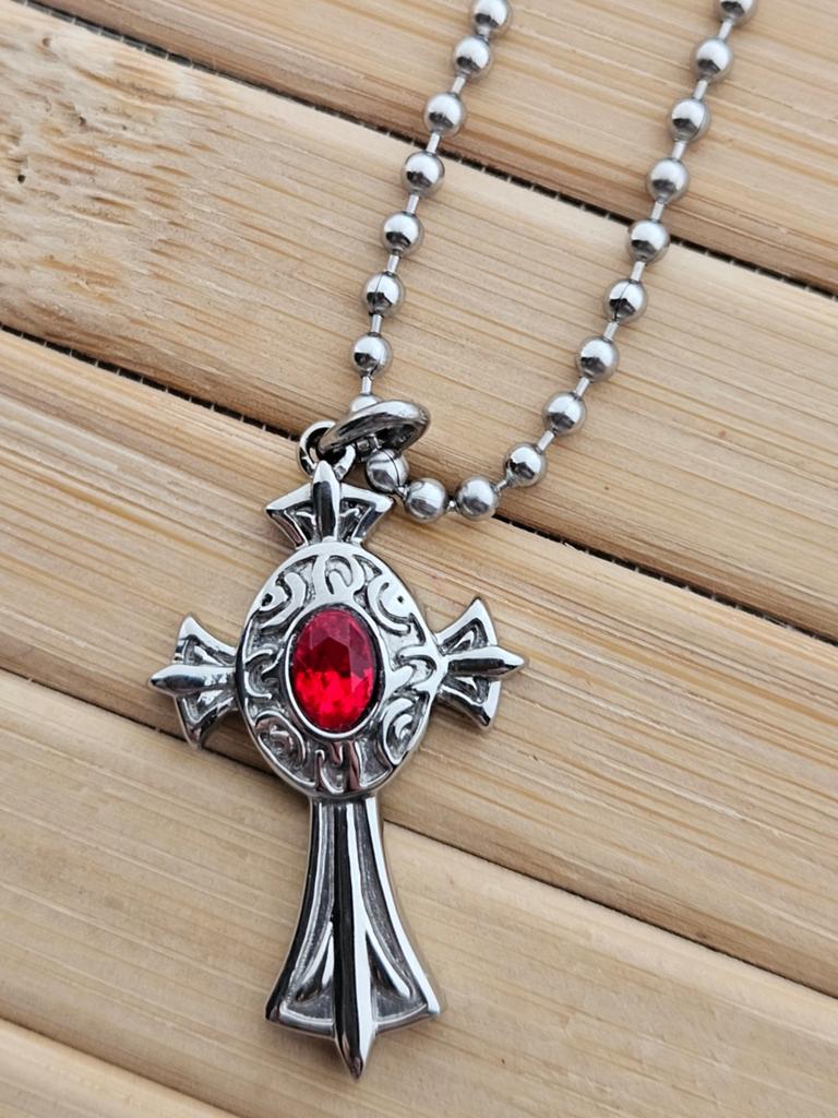 Rvs stalen kruis ketting met rode kristal, Overige materialen, Nieuw, Ophalen of Verzenden, Met kristal