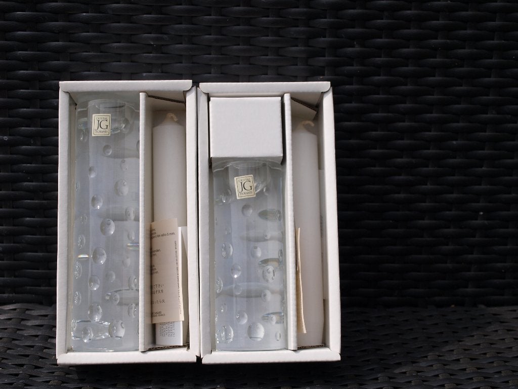 NIEUW !!; set J.G. Cristal Durand kandelaars + kaars, Overige merken, Nieuw, Ophalen of Verzenden, Glas