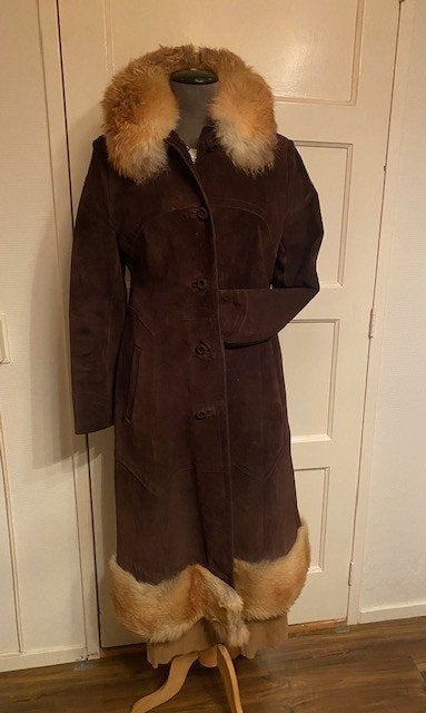 Lange Suède Vintage Jas met vossenbont kraag  - Maat 38, Kleding | Dames, Ophalen of Verzenden, Zo goed als nieuw, Maat 38/40 (M)