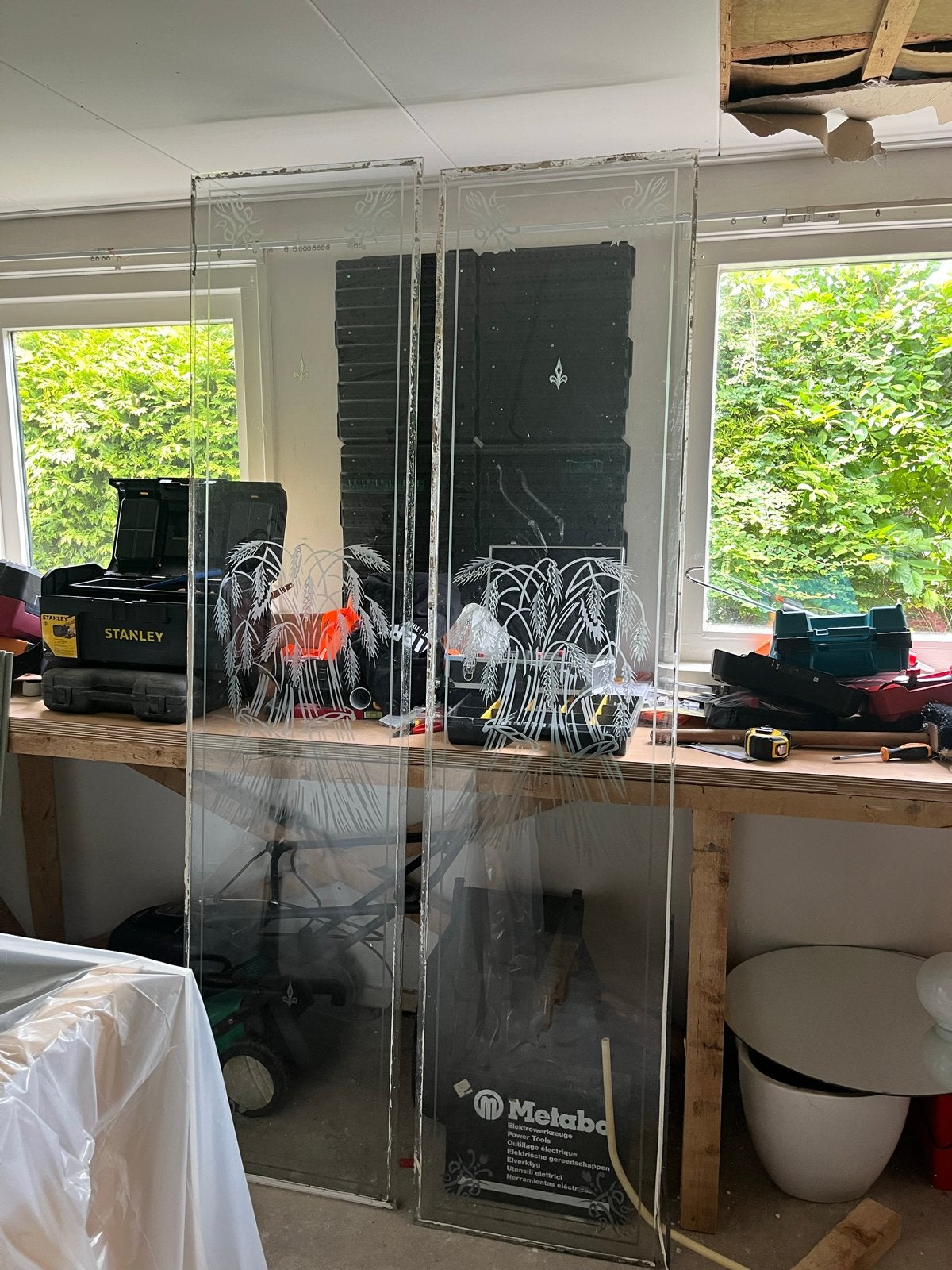 2 geëtste ramen met graanmotief, 51x217cm, 5mm dik, Doe-het-zelf en Verbouw, Glas en Ramen, Ophalen, Gebruikt, Minder dan 80 cm