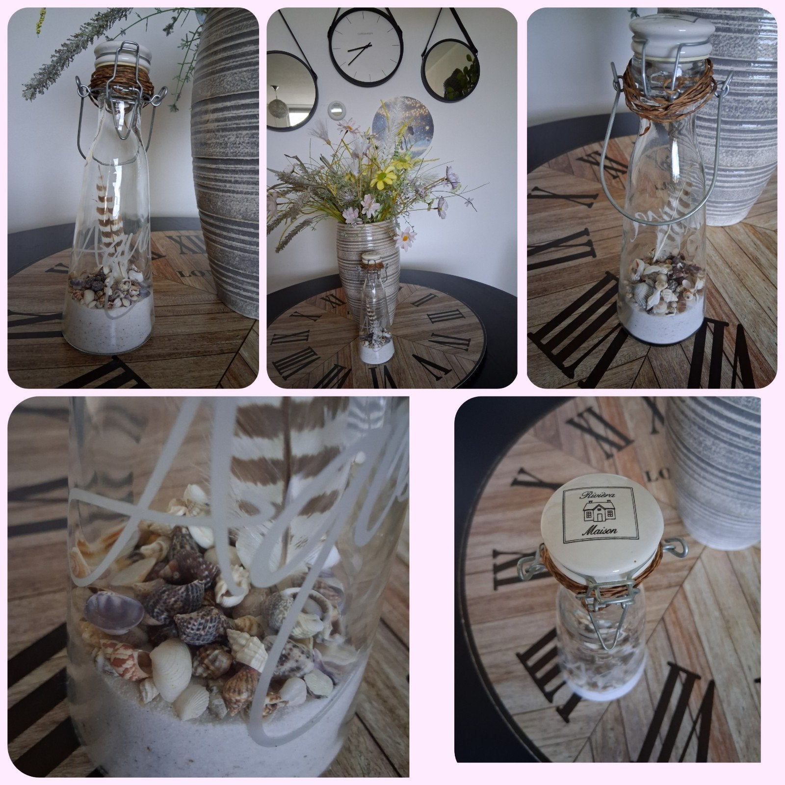 Decoratieve fles met schelpen en veren rivièra maison, Meerkleurig, Ophalen of Verzenden, Glas, Landelijk