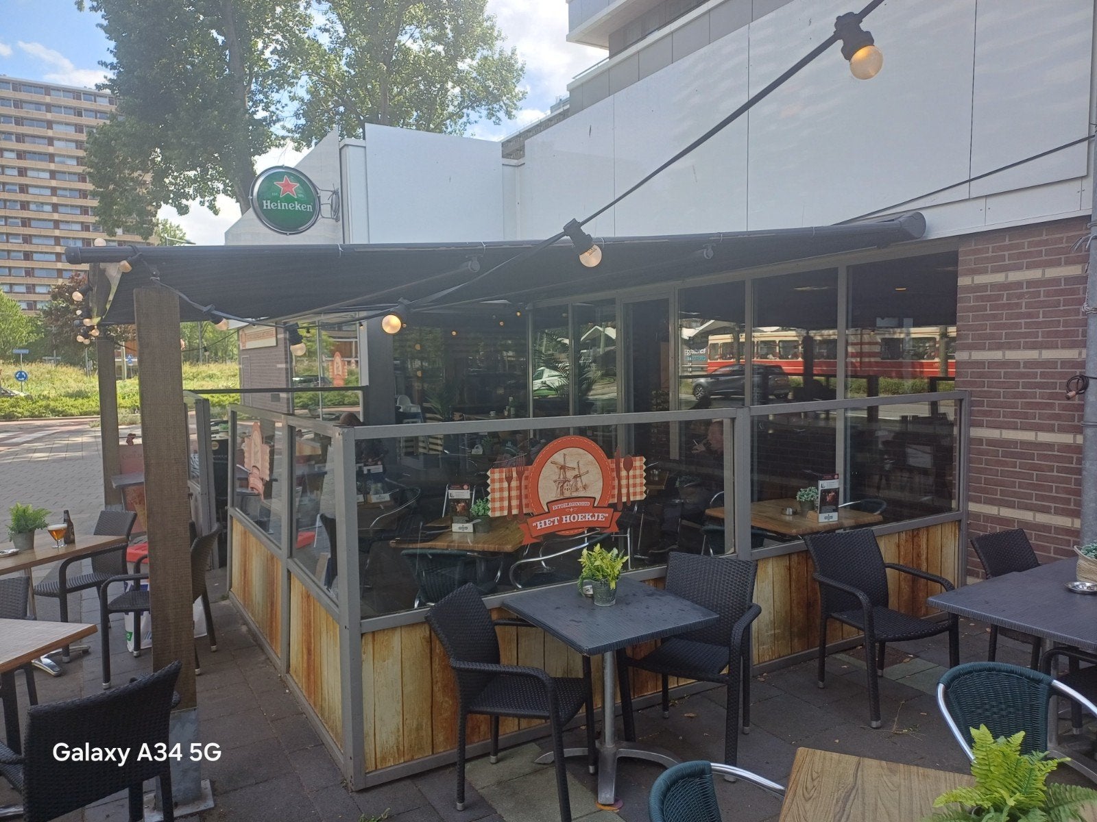 Terrasscherm met zonwering voor horeca of tuin, Gebruikt, Overige typen, 450 cm of meer, Ophalen of Verzenden