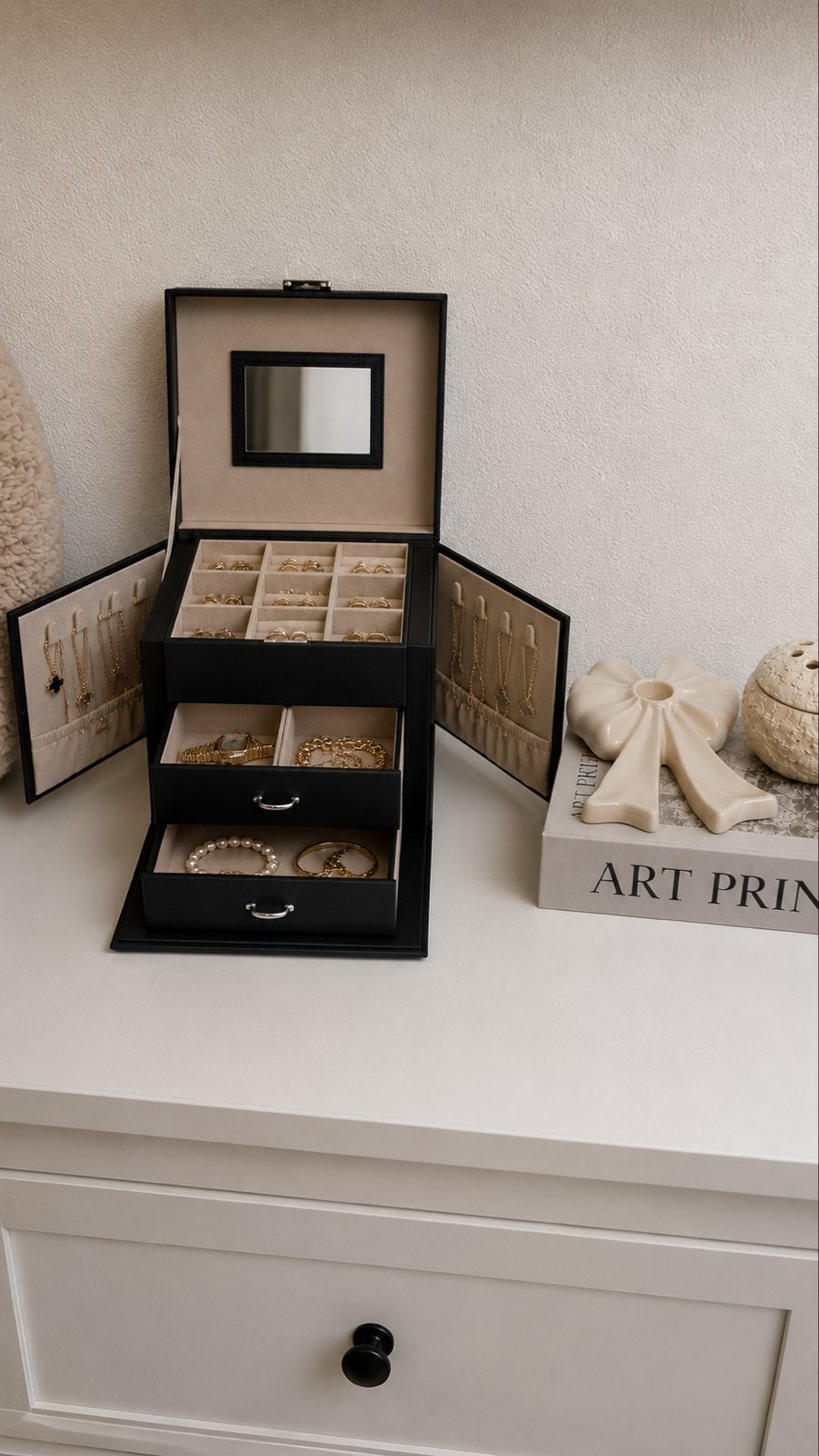 Luxe Sieradendoos met Spiegeltje en Slot - Reis Organizer, Zwart, Nieuw, Ophalen of Verzenden, Met slot