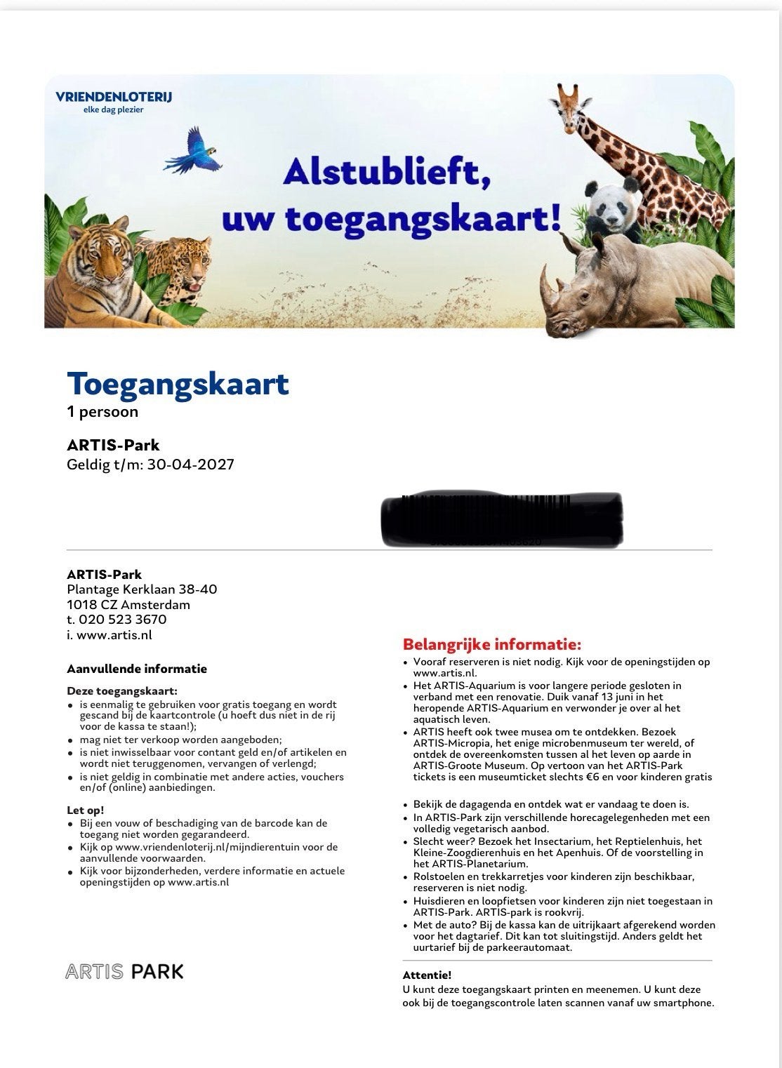 Artis toegangsticket, Eén persoon, Ticket of Toegangskaart