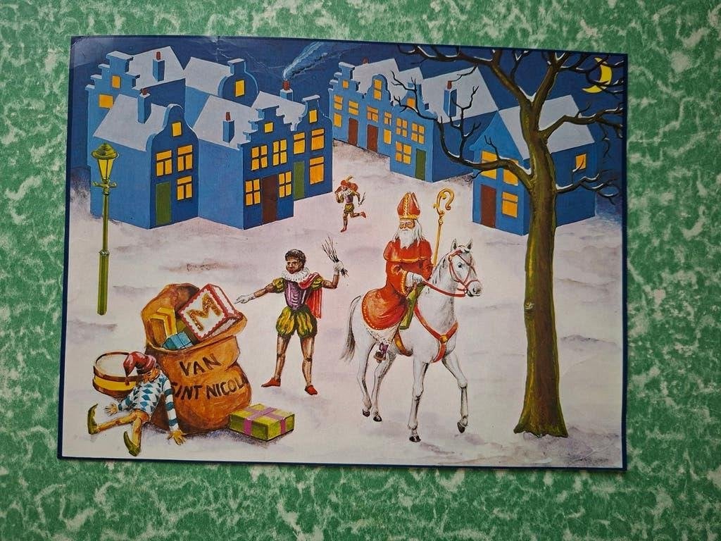 gekleurde prent van Sint Nicolaas plus twee pieten., Ophalen of Verzenden, Gebruikt