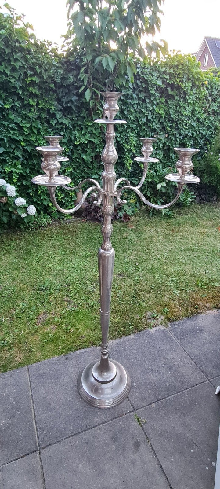 Grote zilverkleurige kandelaar met 5 armen, Antiek en Kunst, Ophalen