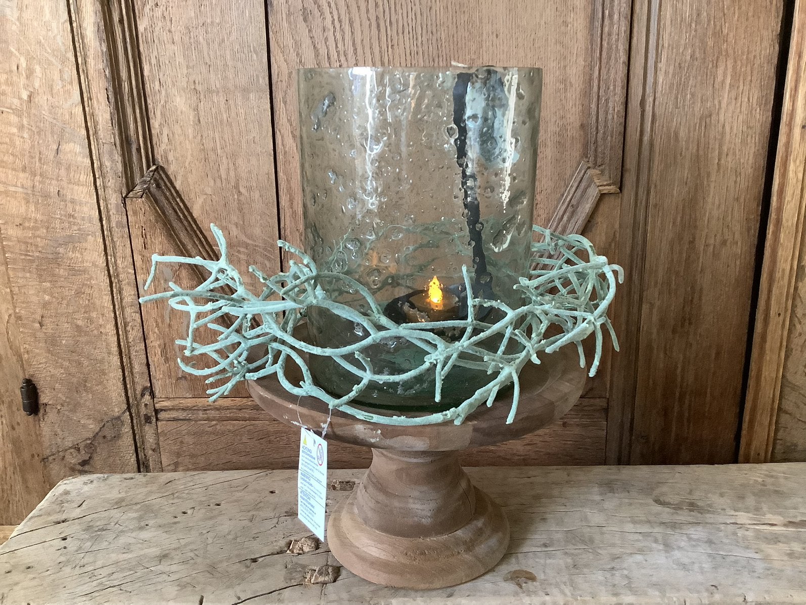 NIEUW houten schaal, glazen windlicht, kunsttak en glashaak, Ophalen of Verzenden, Nieuw, Rond, Hout