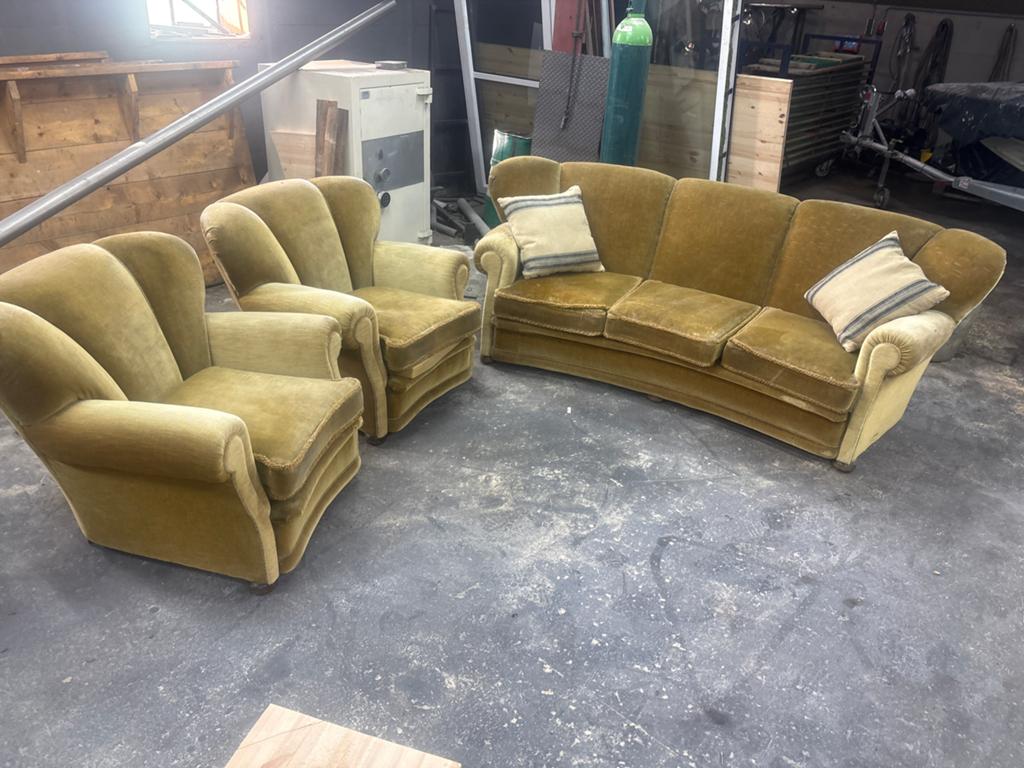 Vintage Bankstel: Gebogen Bank & 2 Fauteuils (Olijfgroen), Ophalen, Zo goed als nieuw