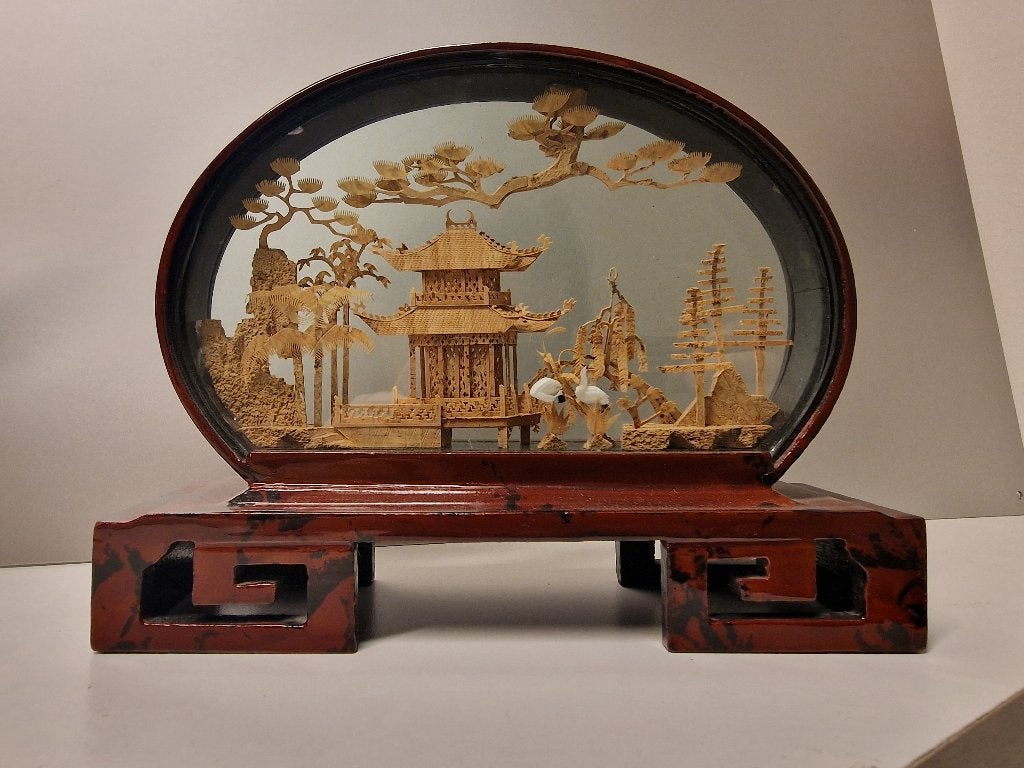 Vintage Chinees Kurk Diorama | Handgesneden Pagode Scène, Ophalen of Verzenden