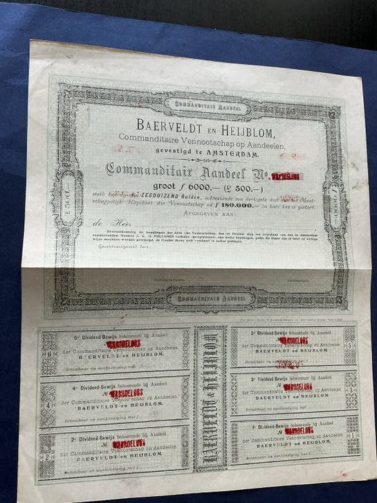 Historisch Aandeel Baerveldt en Heijblom, Amsterdam 1895, Verzenden, Voor 1920, Aandeel