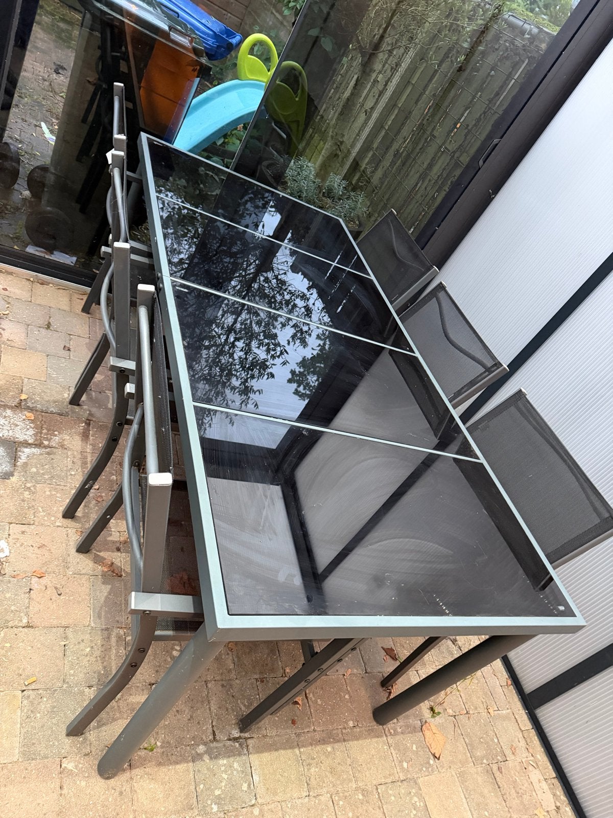 Tuinset met glazen tafel en 6 stoelen (190x90 cm), Tuin en Terras, Ophalen, Overige materialen, Gebruikt, Eettafel