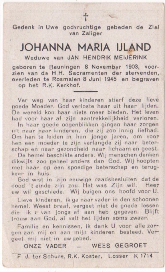Johanna M. IJland 1903 Beuningen + 1945 Rosmalen, 41 jaar, Verzenden