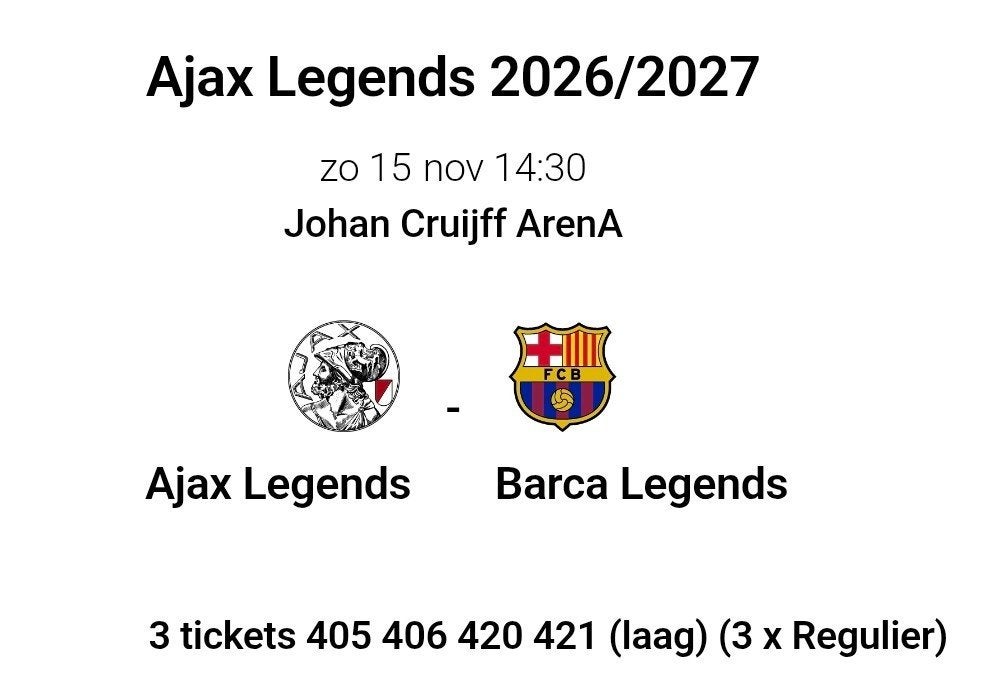 Ajax-Barcelona Legends 3 kaarten naast elkaar Vak 421, Losse kaart, Drie personen of meer, November