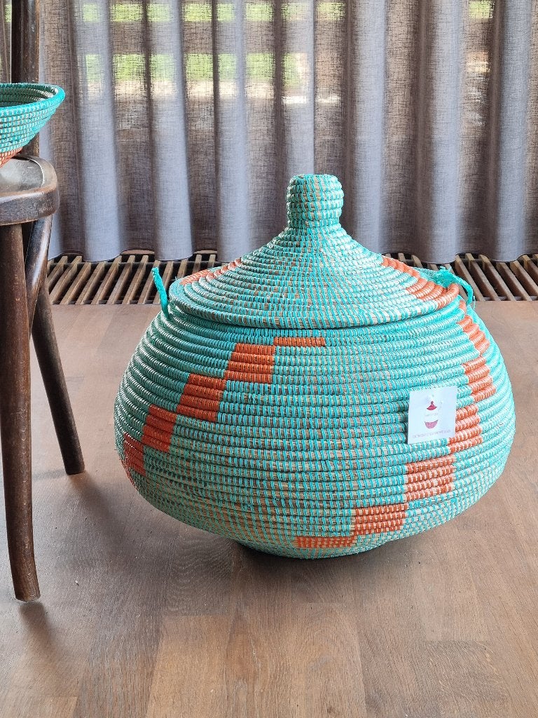 afrikaanse opbergmand mand zeegras turquoise oranje, Mand, Rond, Nieuw, Ophalen of Verzenden