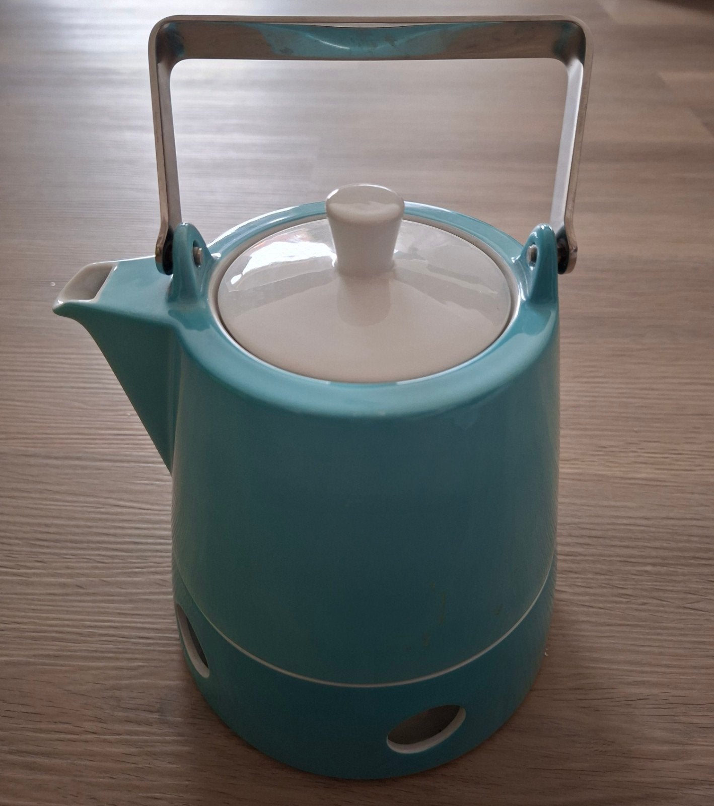 Vintage theepot met theelicht - Turquoise en wit, Ophalen of Verzenden, Overige stijlen, Overige typen