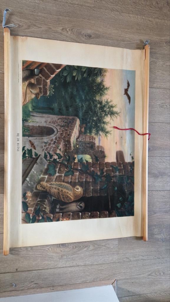Vintage schoolplaat "Bij de Ruïne" - J.B. Wolters, Antiek en Kunst, Antiek | Schoolplaten, Ophalen of Verzenden