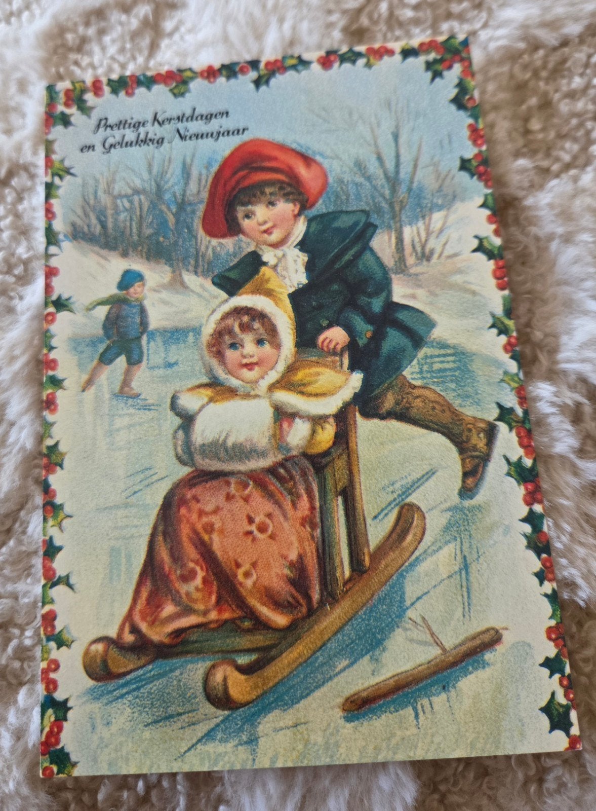 Vintage Kerstkaart - Schaatsende Kinderen, Verzenden, 1980 tot heden, Gelopen, Feest(dag)