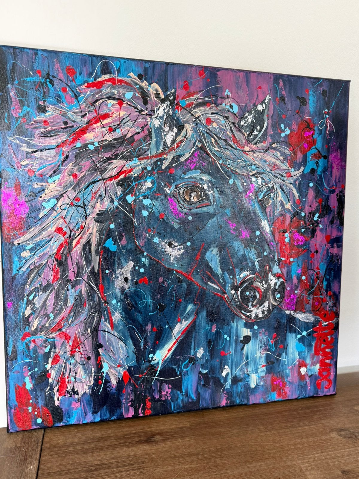 Acryl schilderij kleurrijke kunst Paard, Antiek en Kunst, Verzenden, Gesigneerd, Gemengde techniek, Abstract