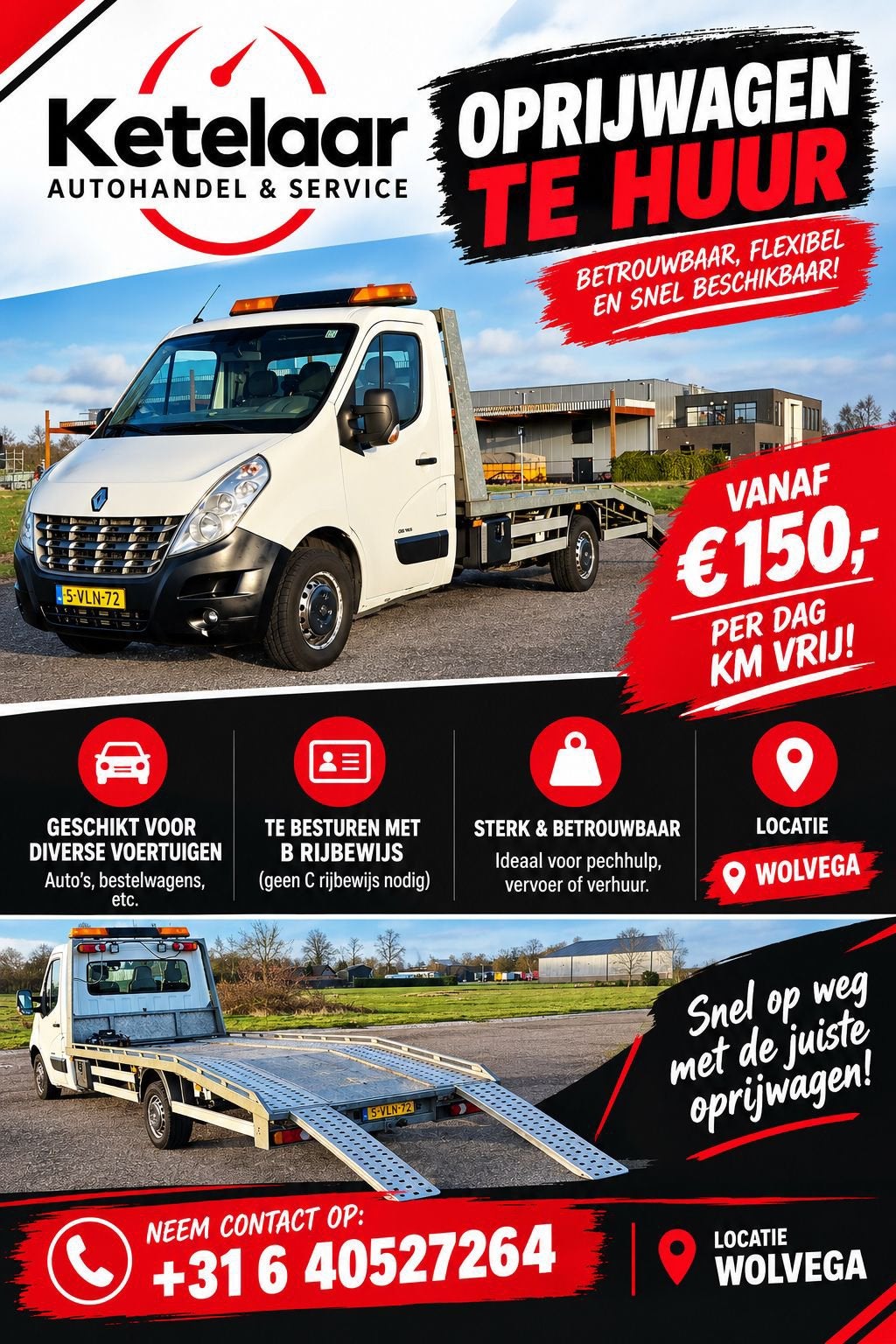 TE HUUR oprijwagen / autotransporter / autoambulance /, 125 pk, Renault, 2299 cc, Origineel Nederlands