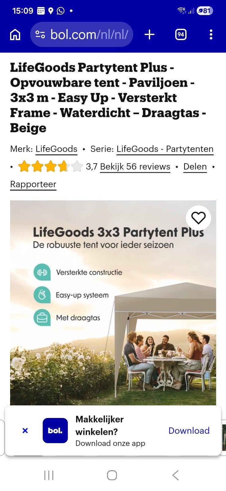 LifeGoods Partytent Plus 3x3m - Opvouwbaar - Beige, Ophalen, Opvouwbaar, Partytent, Minder dan 4 meter